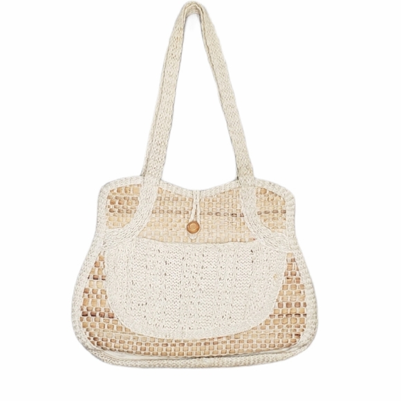 Handbags - Vintage Boho Cream Crochet Bamboo Wood Rattan Whicker Beach Summer Shoulder Bag